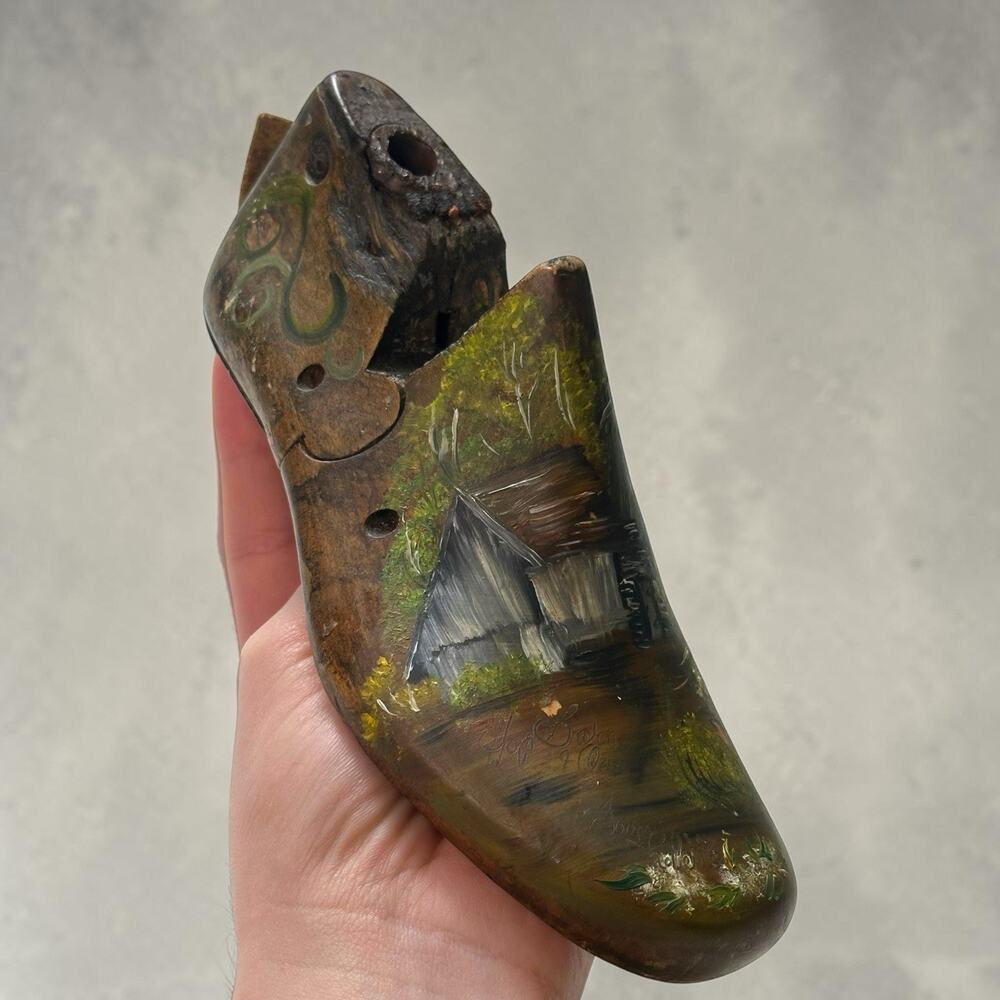 VTG Wooden Shoe Form Hand Painted Barn Scene Signed 1957 Folk Art Rustic Decor